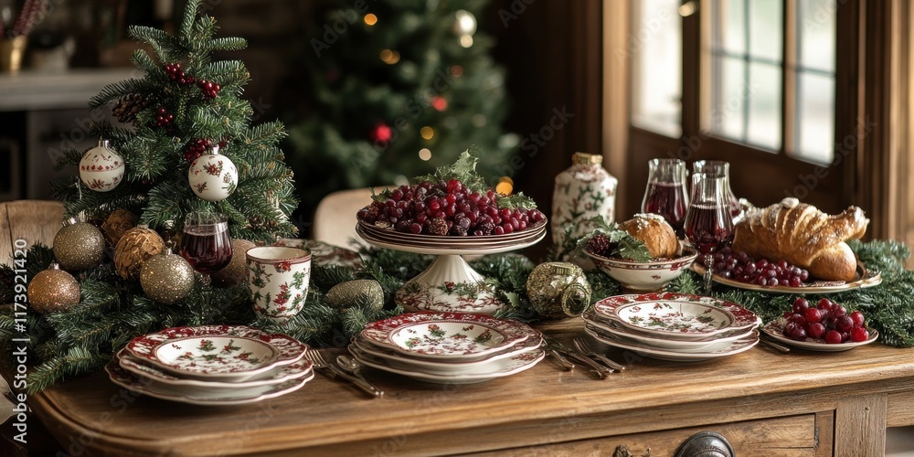 A beautifully decorated holiday table setting, complete with festive plates, glasses of wine, and a centerpiece arrangement of seasonal fruits and greenery. A beautifully decorated holiday table setting, complete with festive plates, glasses of wine, and a centerpiece arrangement of seasonal fruits and greenery.