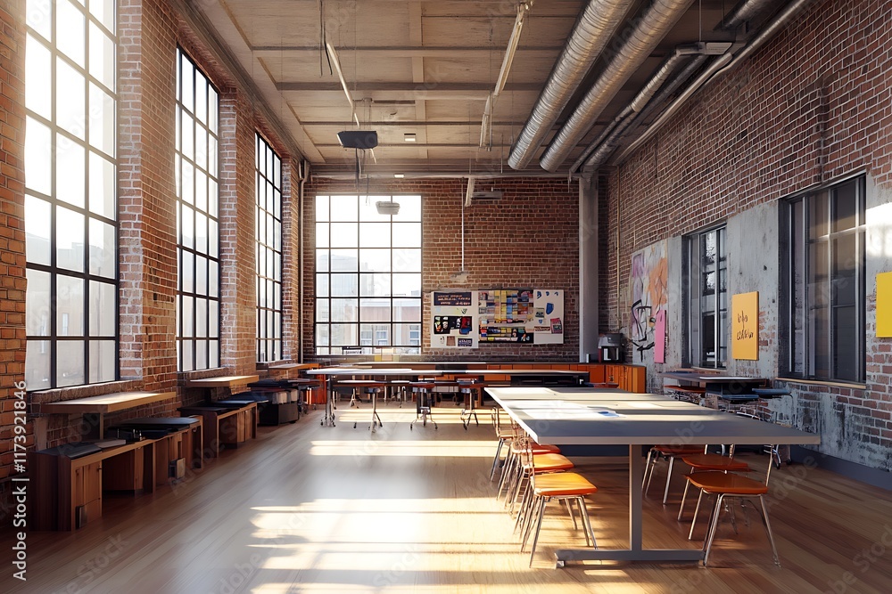 A spacious, modern classroom with large windows, wooden tables, and creative displays. A spacious, modern classroom with large windows, wooden tables, and creative displays.