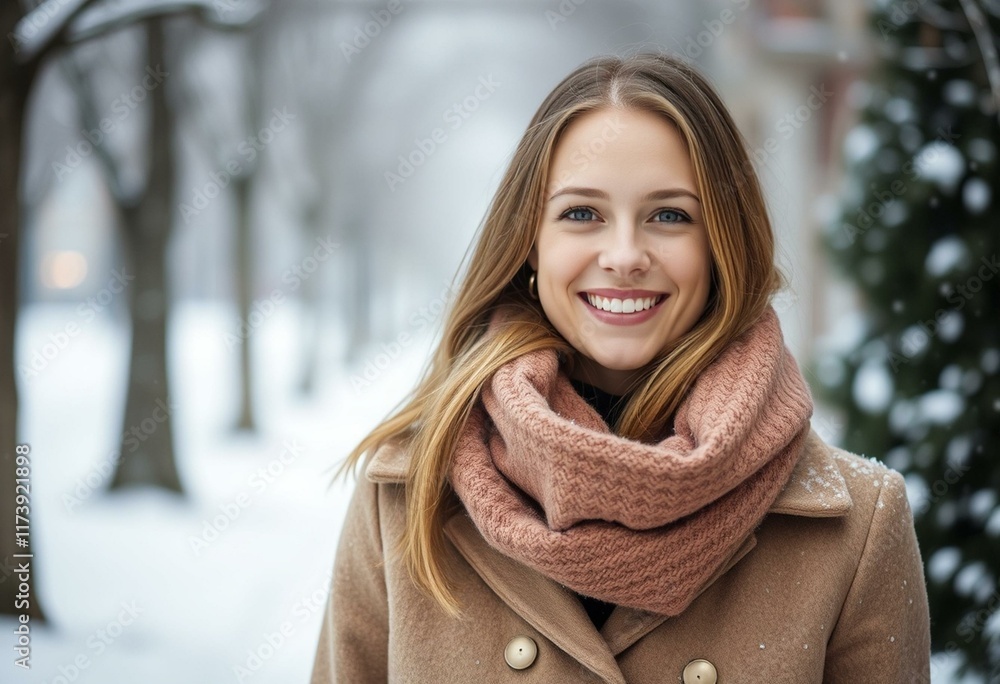 Winter portrait of a smiling female with a warm coat and scarf Winter portrait of a smiling female with a warm coat and scarf
