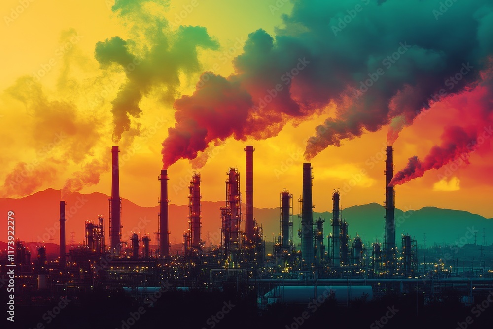 Colorful skyline of an industrial area with smokestacks during sunset over the mountains Colorful skyline of an industrial area with smokestacks during sunset over the mountains