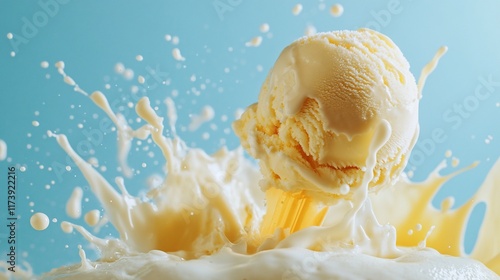 Vanilla ice cream scoop splashing into creamy liquid.