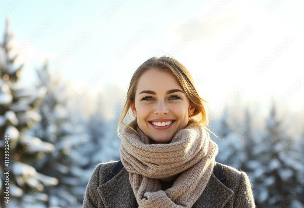 Winter portrait of a smiling female with snow-covered trees and a sunny sky Winter portrait of a smiling female with snow-covered trees and a sunny sky