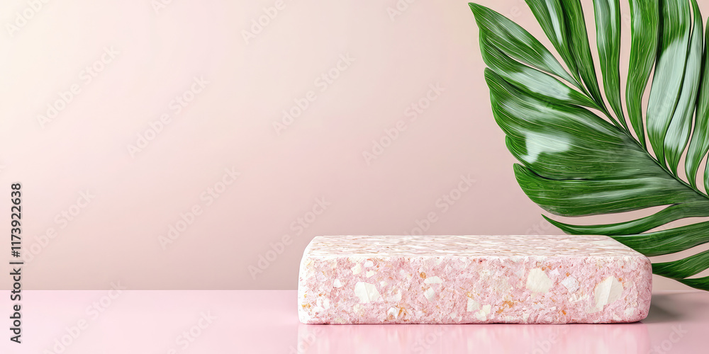 Closeup of stone product display podium with leaves, abstract geometric shape pastel color scene minimal, design for cosmetic products showcase mockup Closeup of stone product display podium with leaves, abstract geometric shape pastel color scene minimal, design for cosmetic products showcase mockup