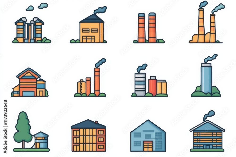 Obraz premium Diverse industrial and residential structures illustrated with smokestacks in a modern flat design style