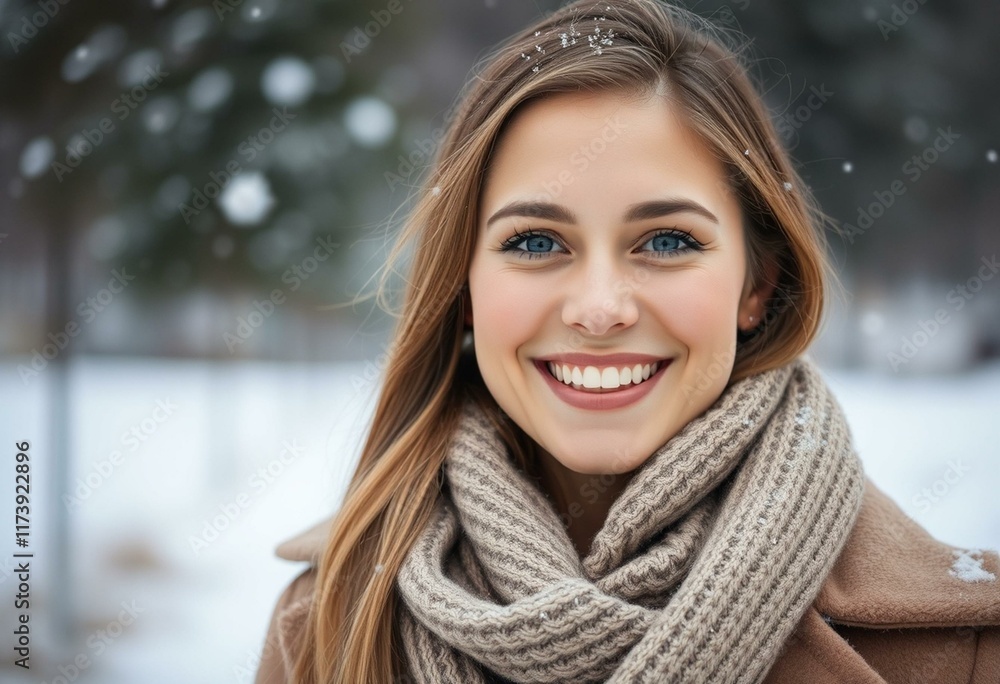 Female portrait in winter outdoor setting with snowfall Female portrait in winter outdoor setting with snowfall