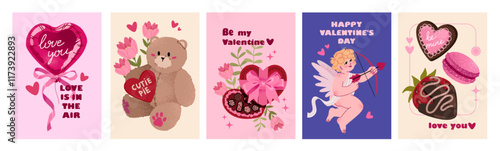 Valentine's day Greeting poster, greeting card, cover, label. Cute teddy bear, bouquet of flowers, cupid and sweet. Cartoon style.