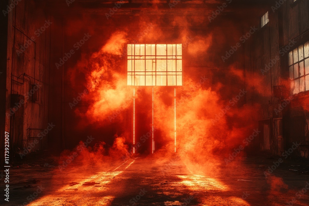 Fototapeta premium Intense orange light illuminates abandoned warehouse filled with smoke