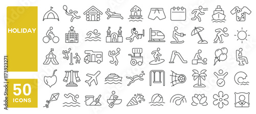 Set of 50 line icons related to holiday, vacation, travel, beach, play, fun, leisure, summer, activity, trip, Editable stroke. Vector illustration