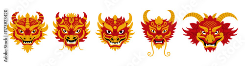 Dragon masks for chinese traditional festivals and dances. Lunar new year decorations. Masks isolated on white background.