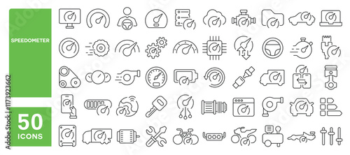 Set of 50 line icons related to speedometer, engine, speed, fast, accelerate, vehicle, car, dashboard, device, gauge, wheel, performance, Editable stroke. Vector illustration