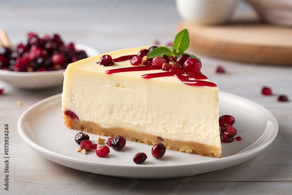 Delicious cheesecake topped with vibrant pomegranate seeds on a rustic table setting. Generative AI Delicious cheesecake topped with vibrant pomegranate seeds on a rustic table setting. Generative AI