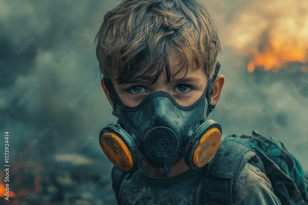 Young boy wearing a gas mask in a war-torn area amid smoke and flames during daytime Young boy wearing a gas mask in a war-torn area amid smoke and flames during daytime