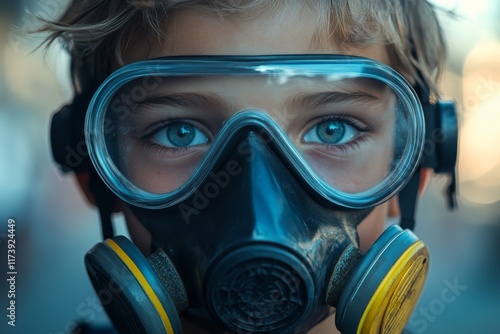 Boy wearing gas mask on city street with intense blue eyes during uncertain times photo