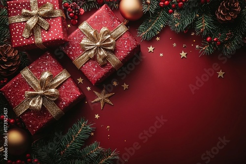 Joyful Red Background Featuring a New Year Gift and Decorative Lights