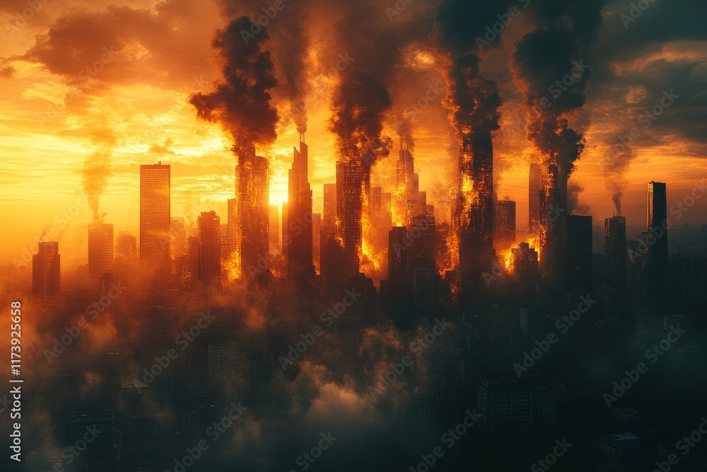 Fototapeta premium Dramatic sunset over a burning city skyline with smoke and fire engulfing skyscrapers