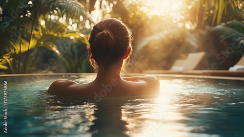 Woman relaxing in a tropical pool at sunset.