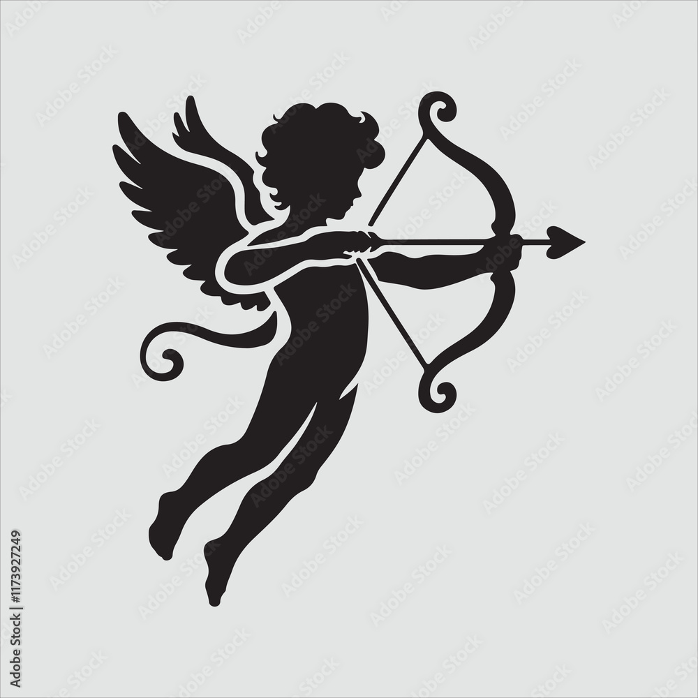Fototapeta premium Silhouette of a Flying Cupid Shooting an Arrow Vector Illustration