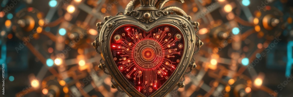 Fototapeta premium Ornate brass steampunk heart, vibrant internal digital circuitry glows, pulse,steampunk