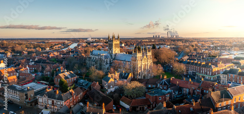 Aerial panoramic landscape of the North Yorkshire market town of Selby, UK photo