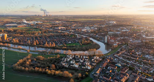 Aerial panoramic landscape of the River Ouse flowing through Selby in North Yorkshire, UK photo