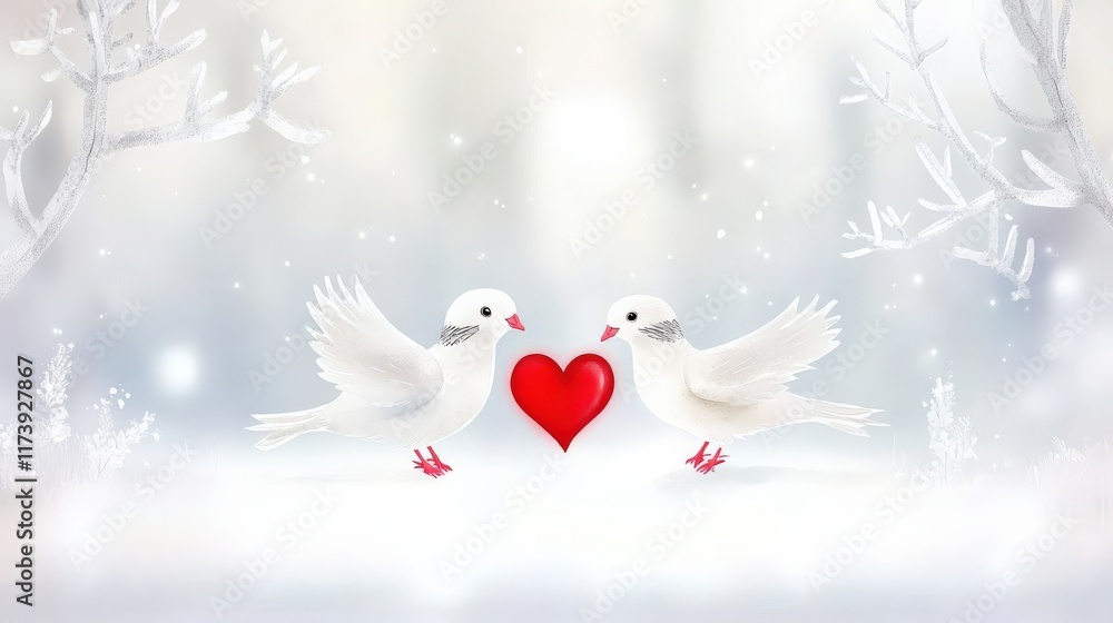 Fototapeta premium Winter wonderland doves, red heart, snowy scene