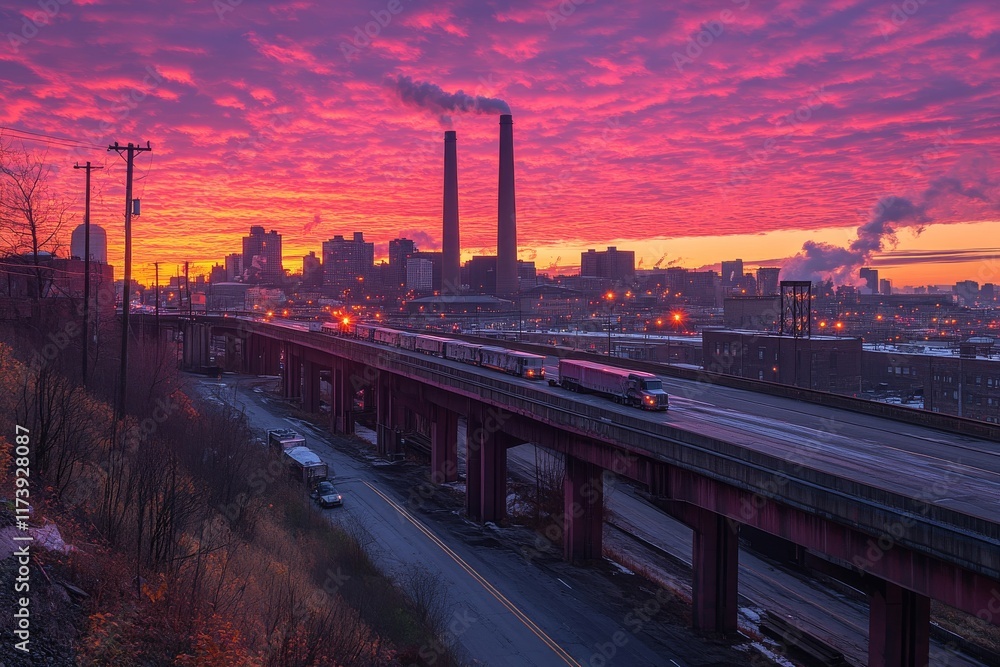 Colorful sunset over urban skyline with train moving under vibrant clouds