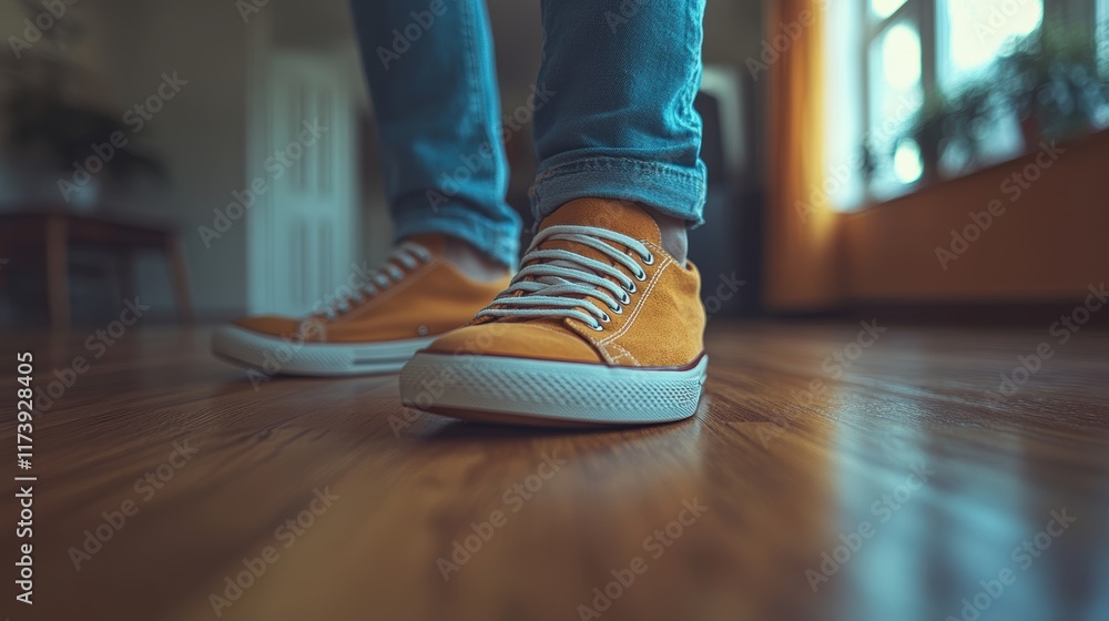 Close-up of a person wearing stylish orange sneakers on a polished wooden floor inside a cozy, warmly-lit room with a hint of natural light and houseplants Close-up of a person wearing stylish orange sneakers on a polished wooden floor inside a cozy, warmly-lit room with a hint of natural light and houseplants