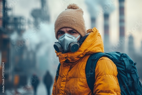 Person wearing gas mask and yellow jacket in industrial area with smoke stacks in background during daytime photo