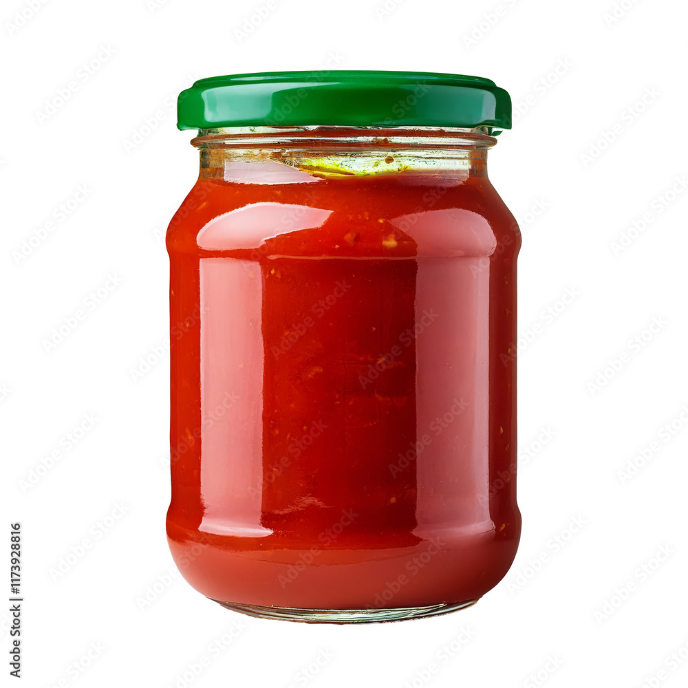 Glass jar filled with tomato sauce, with green lid, on a white background Glass jar filled with tomato sauce, with green lid, on a white background