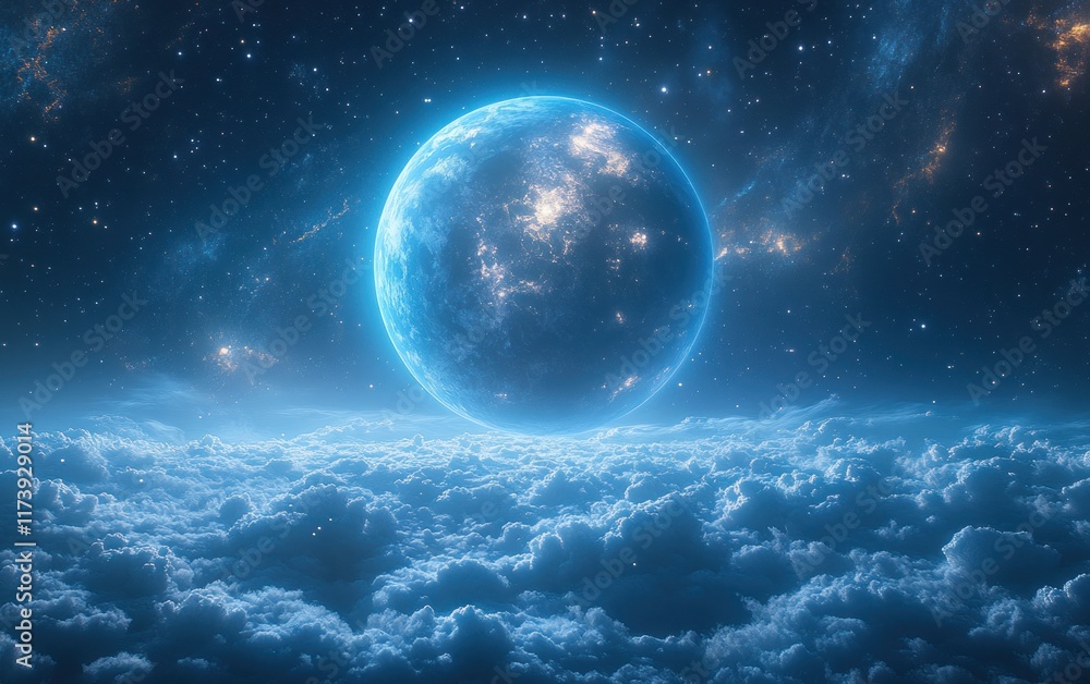 Fototapeta premium Vibrant Blue Planet Surrounded by Rings in Cosmic Landscape Illuminated by Distant Stars