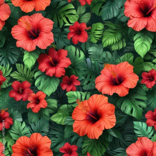 Wallpaper Mural Vibrant tropical hibiscus pattern, bold colors, lush greenery, hibiscus pattern, wallpaper Torontodigital.ca