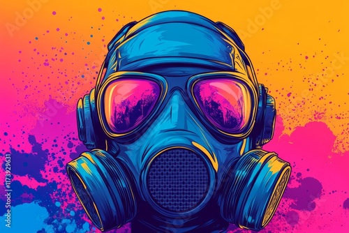 Colorful gas mask illustration with vibrant splashes of paint in the background