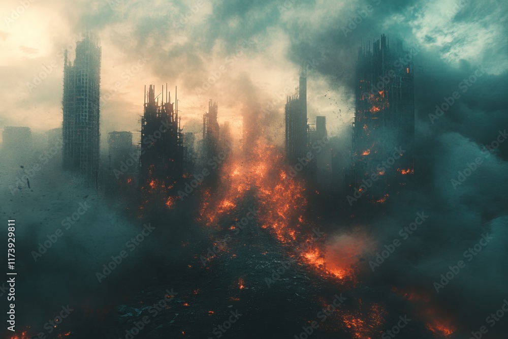Distant view of a city in flames amid thick smoke and destruction at dusk Distant view of a city in flames amid thick smoke and destruction at dusk