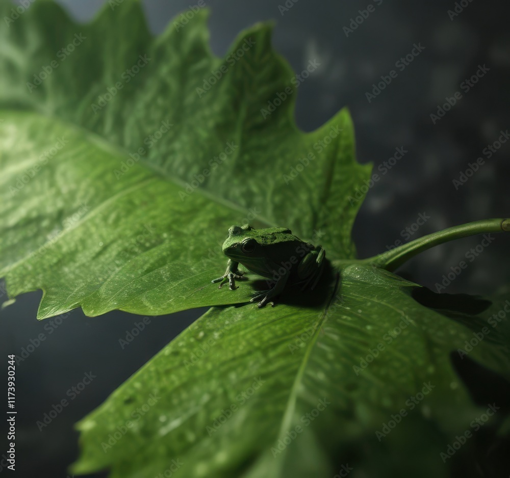 Tiny frog silhouette cast on vibrant green leaf, spring, foliage, sunlight Tiny frog silhouette cast on vibrant green leaf, spring, foliage, sunlight