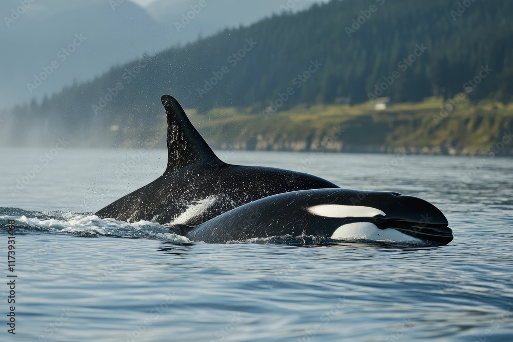Naklejka premium Two black and white marine mammals swim.