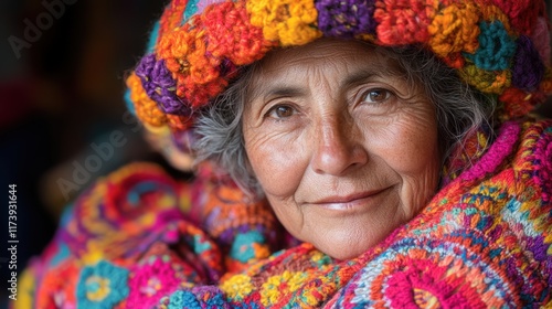 A serene elderly individual wearing a colorful knitted hat and shawl exudes warmth and wisdom in a beautifully captured close-up portrait.
