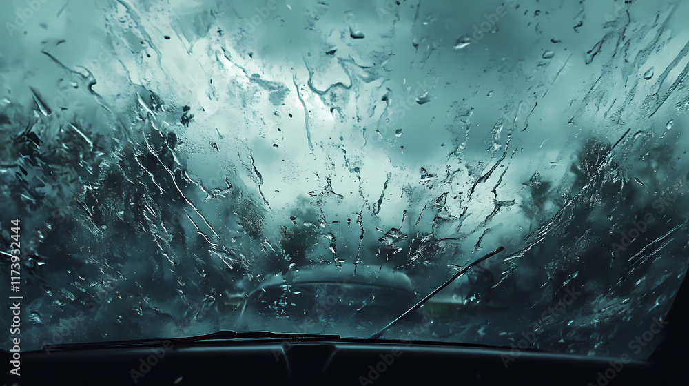 close view of a windshield during heavy rainfall, with the wipers making their path across the water-splattered glass, the sky dark and cloudy in the background. Rainfall. Illustration