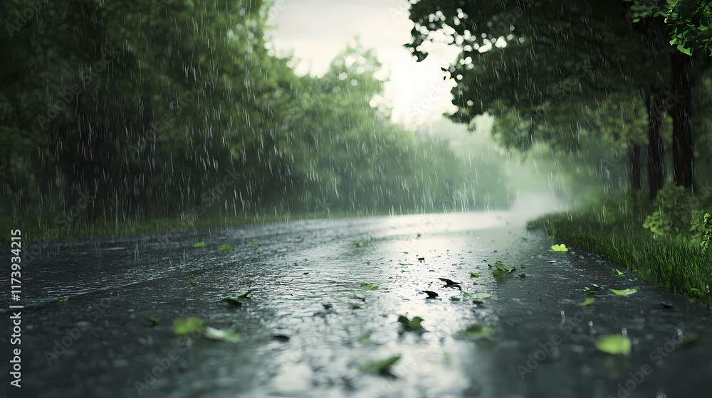 A serene and crisp photo of a rural road disappearing into the distance under a steady rainfall. Rainfall. Illustration A serene and crisp photo of a rural road disappearing into the distance under a steady rainfall. Rainfall. Illustration