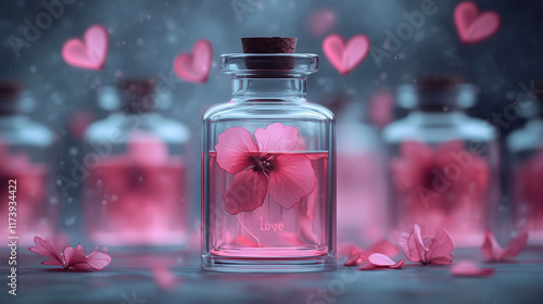 A delicate glass bottle filled with pink liquid, sealed with a cork, featuring a floating flower inside, surrounded by glowing heart shapes and soft petals, creating a magical and romantic atmosphere. photo