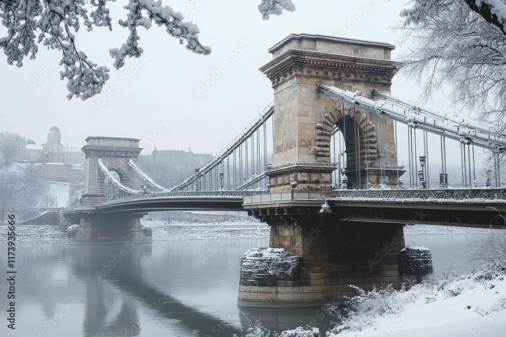Obraz premium Snow-covered bridge spans river, wintry scene.