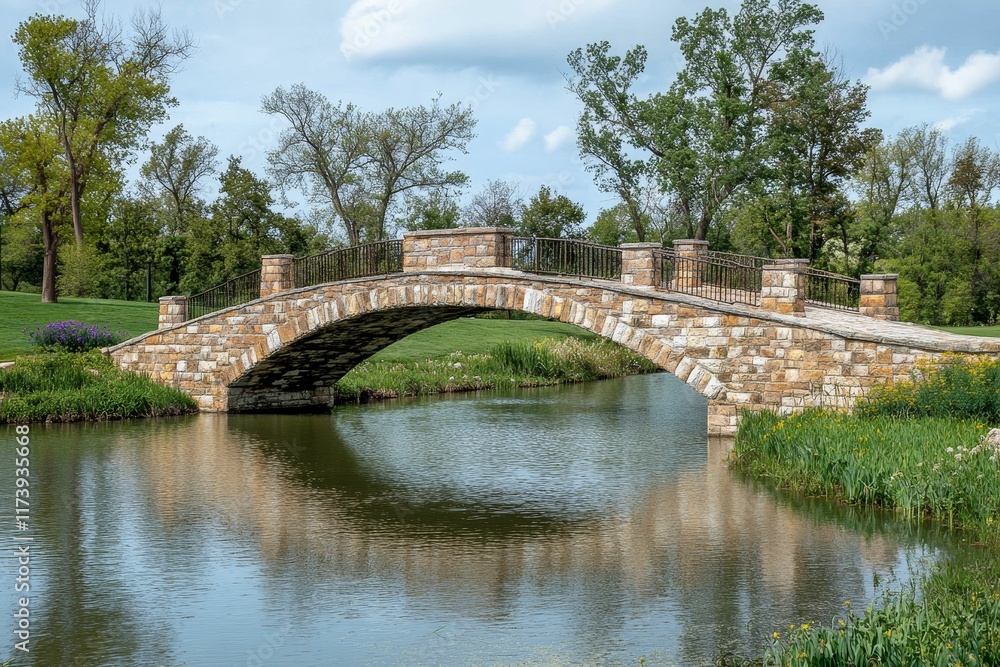 Stone arch bridge spans tranquil water, lush greenery. Stone arch bridge spans tranquil water, lush greenery.