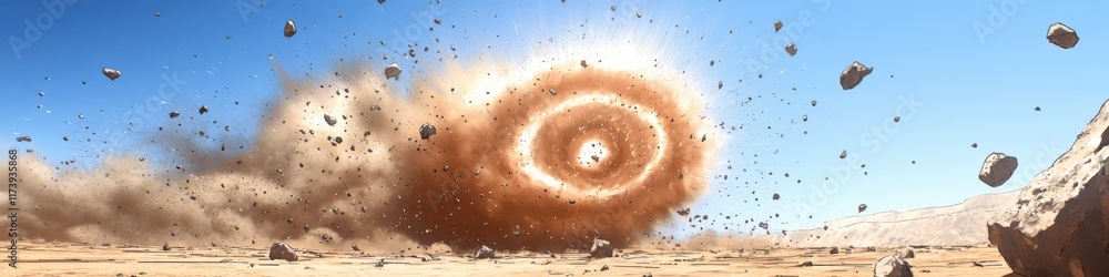 Dramatic Desert Explosion Under Blue Sky With Flying Debris and Sandstorm Swirl Captured at High Speed - Intense Blast Scene in Arid Landscape Photography Dramatic Desert Explosion Under Blue Sky With Flying Debris and Sandstorm Swirl Captured at High Speed - Intense Blast Scene in Arid Landscape Photography