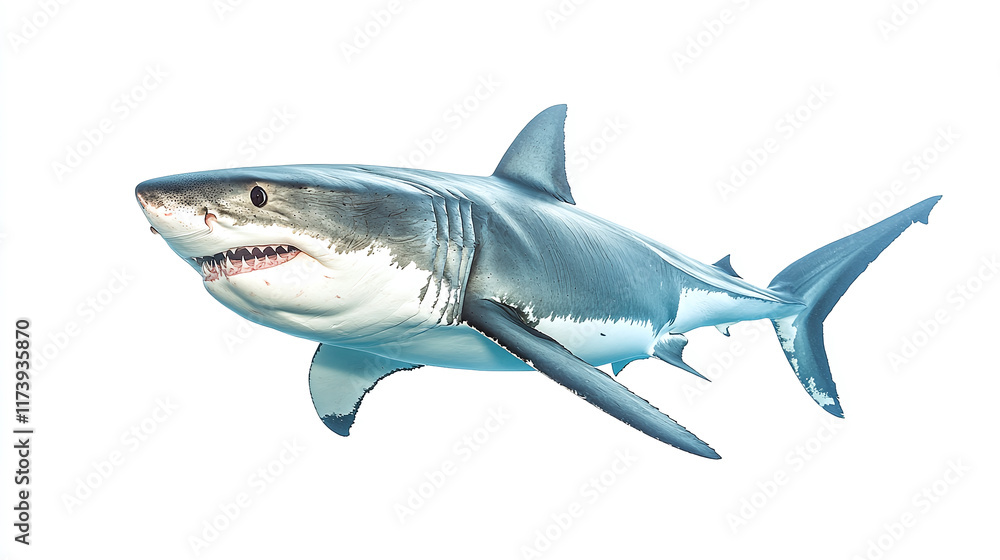Obraz premium Great white shark full body isolated on white background. ocean sea underwater wildlife predator animal, dangerous marine aquatic big large creature, aggressive monster.