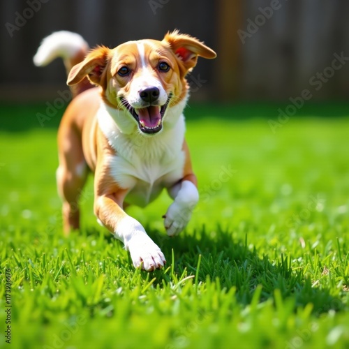 Canine joyfully retrieves bone toy from backyard grass, happiness, playtime, lawn photo