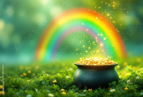 Magical rainbow and pot of gold on lush green meadow. Mystical leprechaun treasure at end of colorful arch. Irish folklore scene for St. Patrick's Day greeting card with space for text