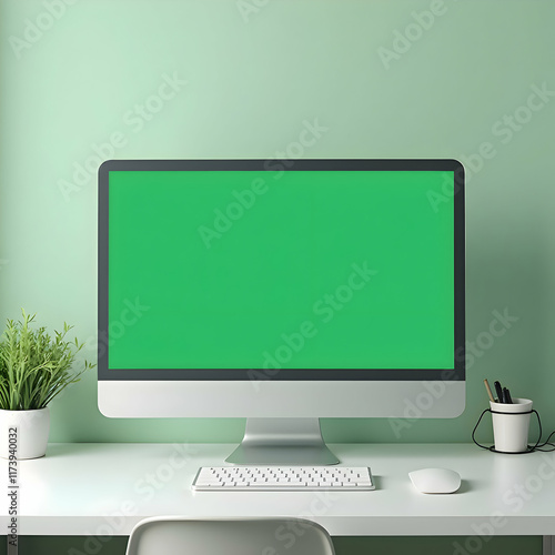 Modern workspace with a green laptop screen mockup on a minimalist desk, showcasing clean lines and professional ambiance photo