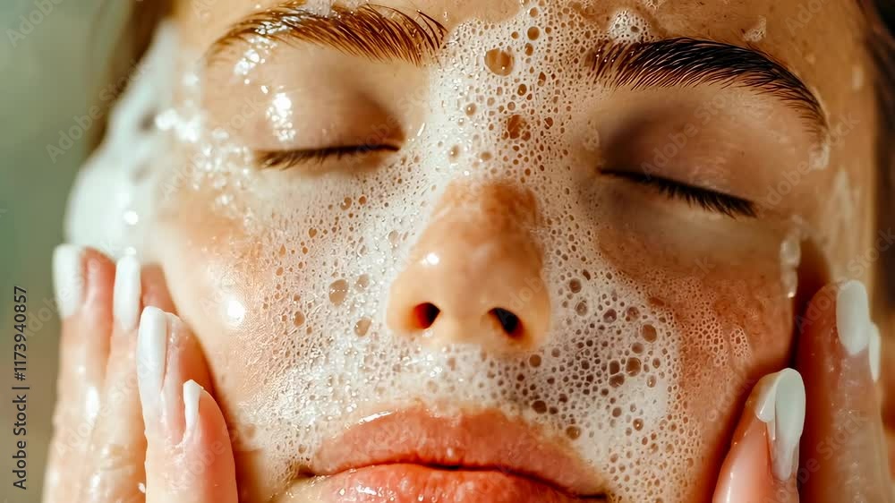 custom made wallpaper toronto digitalA young Caucasian woman, approximately 20 years old, enjoys a skincare routine with foam cleanser on her face. The setting is bright and inviting, conveying a sense of relaxation and self-care.