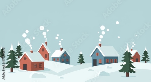 A flat illustration of a cozy village in winter with snow-covered rooftops and pine trees