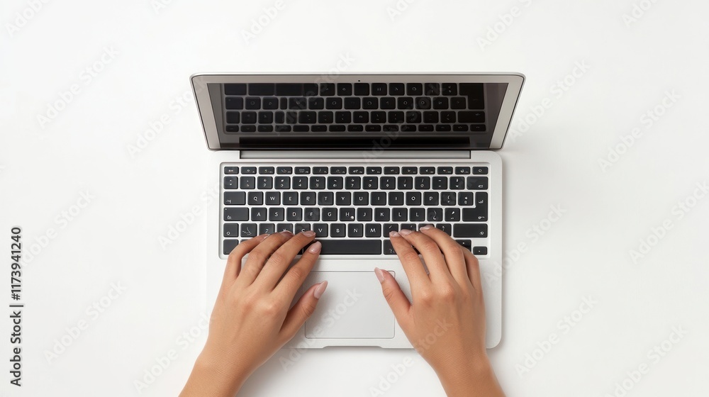 Fototapeta premium Overhead view of hands typing on a laptop keyboard. Perfect for showcasing productivity apps blogging software or online learning platforms.
