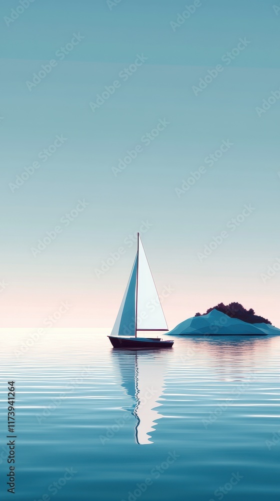 Fototapeta premium Tranquil Sailboat on Serene Water with Island at Dusk
